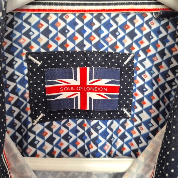 Soul of London Men’s Short Sleeve Blue Geometric Button-Down Shirt – Size M - Picture 2 of 5